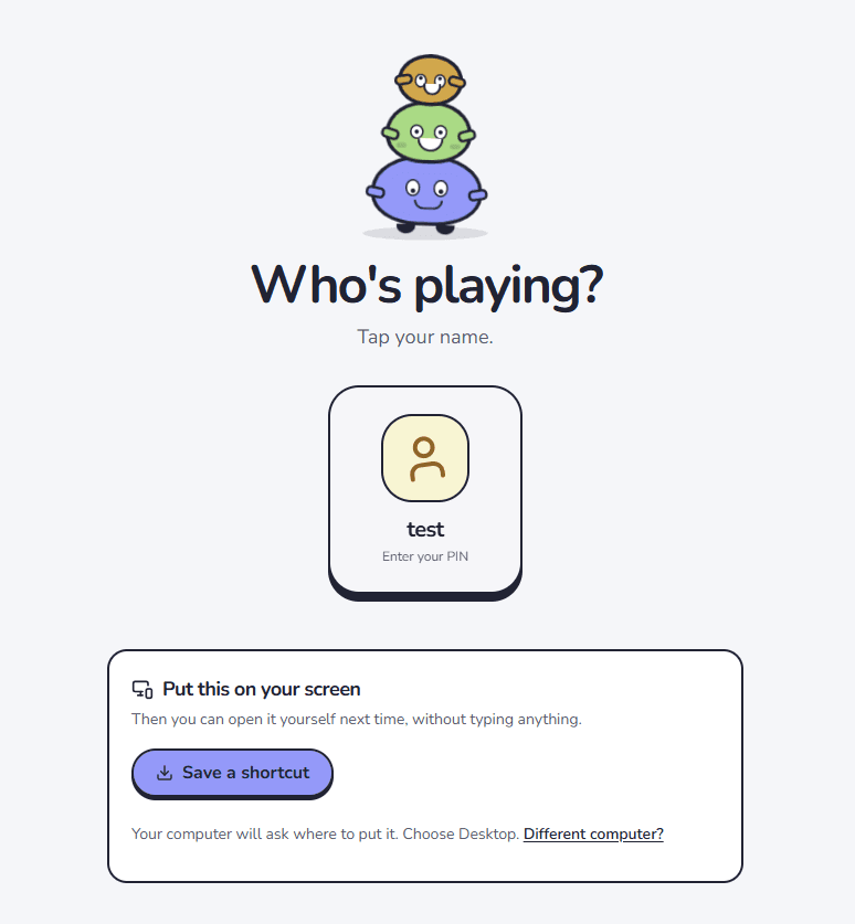 The children's sign-in screen: a family address, a child to pick, and a PIN.