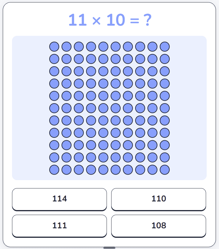 An 11 times 10 question drawn as eleven rows of ten counters, with four answers to choose from.