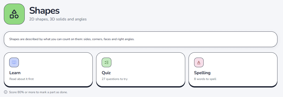 The Shapes topic, offering Learn, Quiz and Spelling as three separate cards.