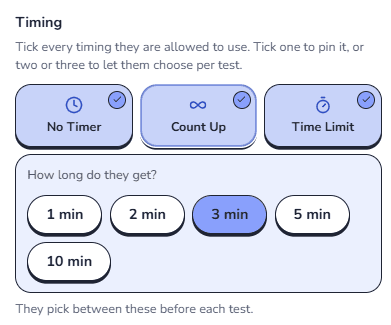 The timing setting: No Timer, Count Up and Time Limit, with 3 minutes chosen.