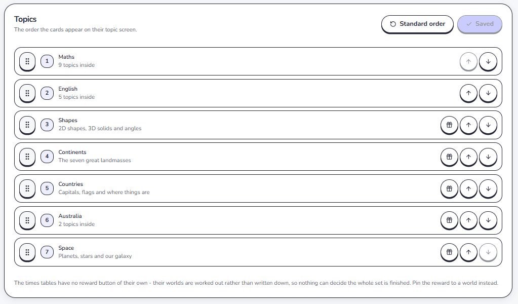 The Topics list, numbered and draggable, with Maths, English, Shapes, Continents, Countries, Australia and Space in a chosen order.