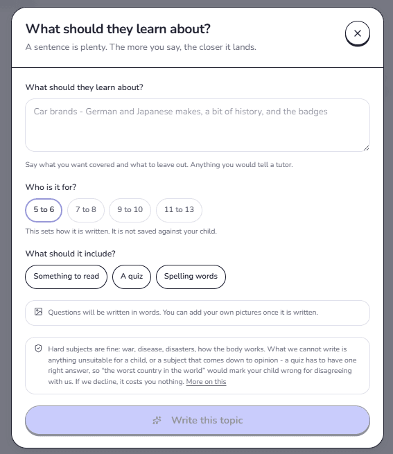 The topic brief: what they should learn about, an age band, and toggles for something to read, a quiz and spelling words.